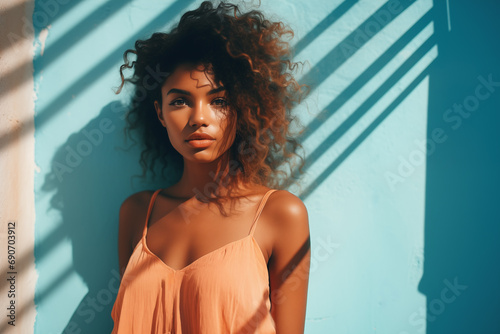 Beautiful African American woman in trendy peach fuzz summer dress posing near blue wall in sunlight