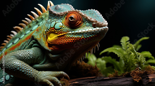 A beautiful lizard is on a tree. reptile, reptiles, chameleon, macro, animal. generative ai © Witri