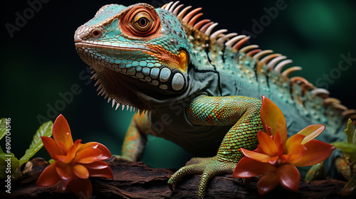 A beautiful lizard is on a tree. reptile  reptiles  chameleon  macro  animal. generative ai