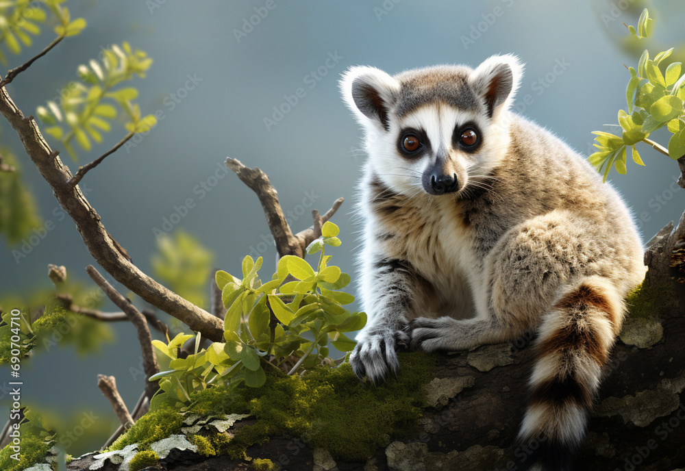 Ring-tailed lemur on branch. closeup of ring-tailed lemur, Lemur catta sitting on tree generative ai