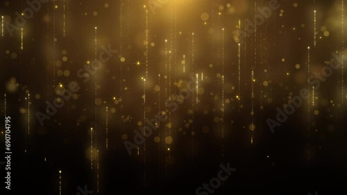 Glittering gold particle background greeting merry Christmas footage with lens flare shinning light. Abstract straight line with bokeh new year festival 4K motion loop photo