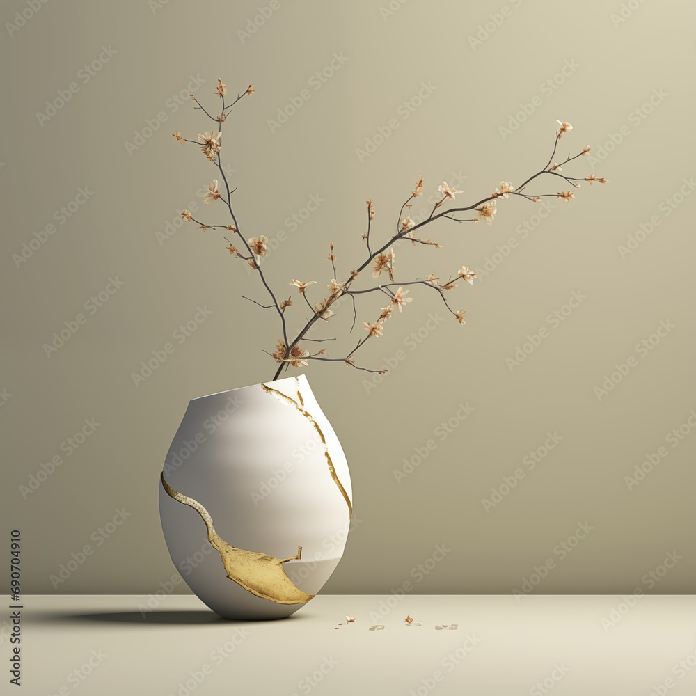 Fix a broken vase with cracks and ikebana. Kintsugi Japanese art of