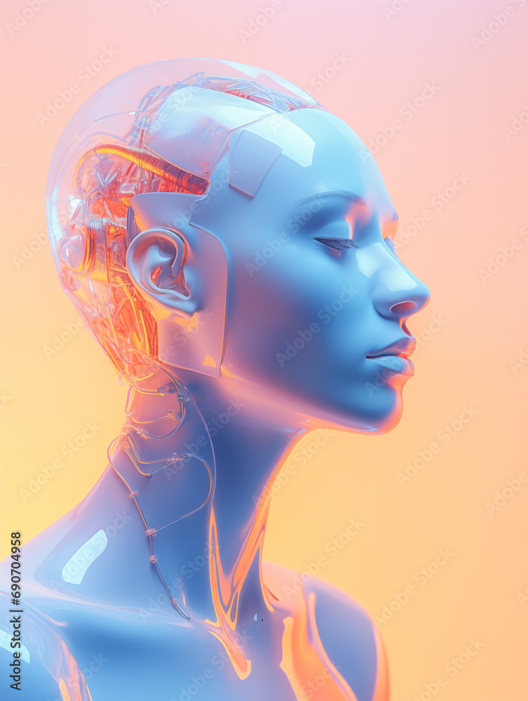 Conceptual 3d render of a cyborg with purple ceramic skin. Artificial general intelligence concept; singularity with cybernetic brain, future biotechnology; body of an android with cyber skull Conceptual 3d render of a cyborg with purple ceramic skin. Artificial general intelligence concept; singularity with cybernetic brain, future biotechnology; body of an android with cyber skull
