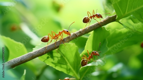Red ants are looking for food on green branches. Work ants are walking. generative ai © Witri