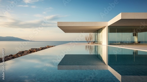 Close-up shot of a modern villa's architectural details, emphasizing the juxtaposition of glass panes and the calm waters of the infinity pool.