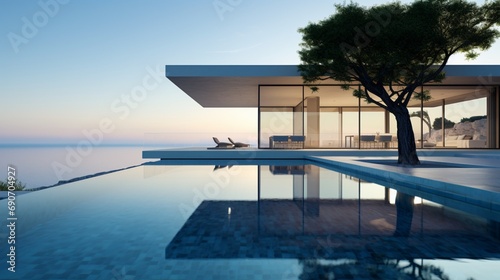 Close-up shot of a modern villa's architectural details, emphasizing the juxtaposition of glass panes and the calm waters of the infinity pool.