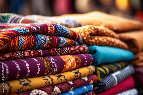 Close-up image of colorful African textiles and fabrics in a local market. Intricate patterns, textures and rich colors photo