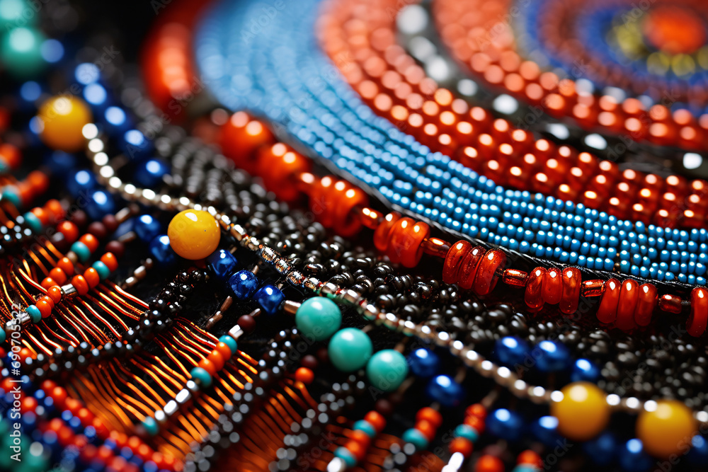 Close-up photography of traditional handmade African jewelry, intricate embroidery, vibrant patterns and elements. Close-up photography of traditional handmade African jewelry, intricate embroidery, vibrant patterns and elements.