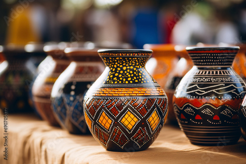 Traditional African pottery and crafts displayed in a local market, focusing on the patterns, colors, and craftsmanship