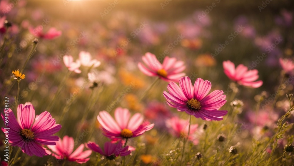 Field of Pink Flowers with a Radiant Sun Field of Pink Flowers with a Radiant Sun