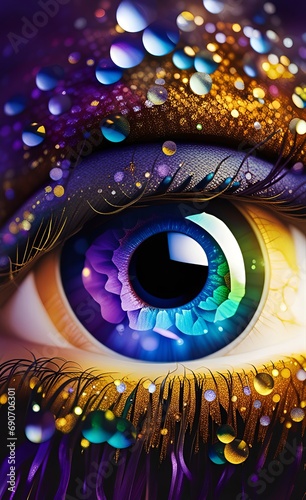 Abstract background with multicolored eye and glitter. AI © vvicca