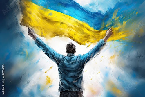 A man stands back with his hands raised on the background of the blue-yellow flag of Ukraine photo