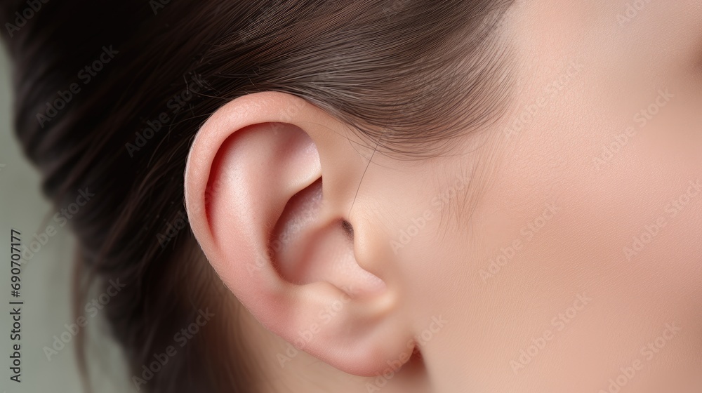 Close-up of the ear. A woman's ear - obrazy, fototapety, plakaty 