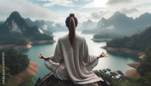 Mujer en posición de loto realizando una profunda meditación al amanecer, buscando la paz interior y la armonía espiritual en un entorno natural zen paisaje - Paisaje zen agua photo