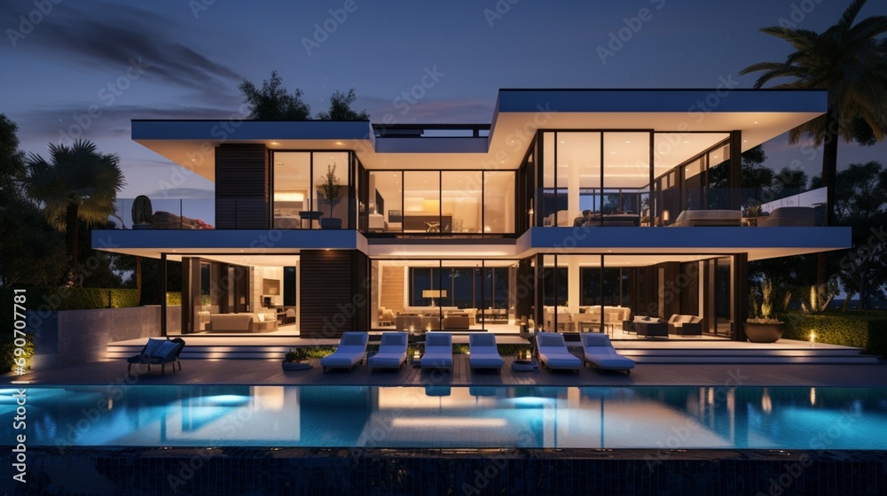 Evening view of a two-story modern villa with ambient lighting and a spacious patio.