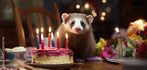 A mirthful ferret enjoying a slice of birthday cake at a lively celebration.