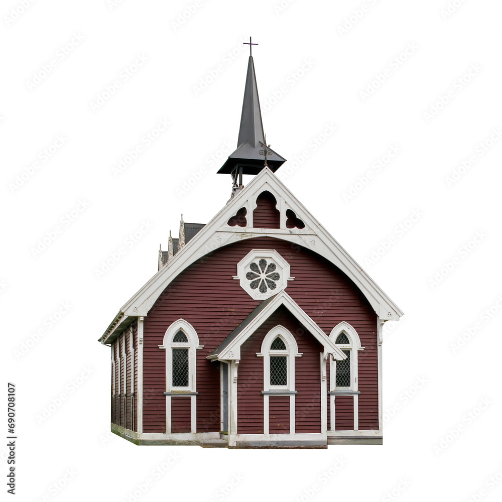 Cutout of an isolated small community town village old wooden church exterior with the transparent png