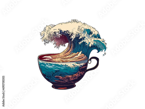 Vector traditional japanese ramen and the great wave of kanagawa on a bowl ukiyoe style of illustration