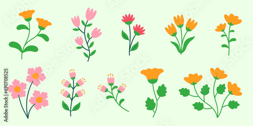 Flower set with flowers, leaves, plants, bouquet illustration in vector flat style.