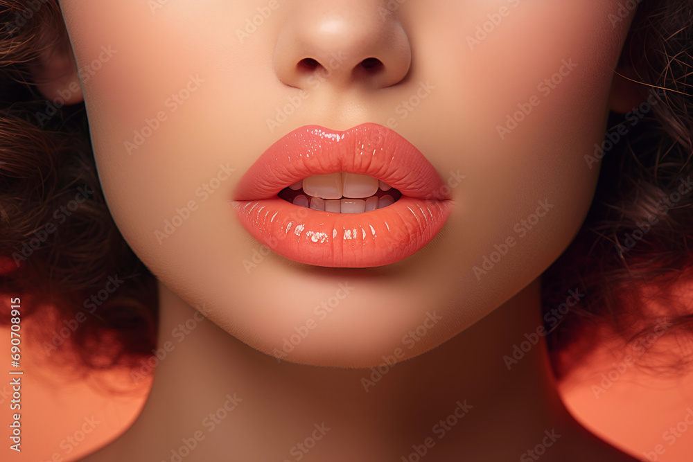 Close up view of beautiful plump female lips with peach fuzz lipstick Close up view of beautiful plump female lips with peach fuzz lipstick