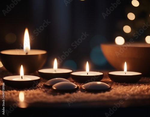 A serene setting of lit candles on a table, creating a tranquil ambiance for relaxation or meditation.