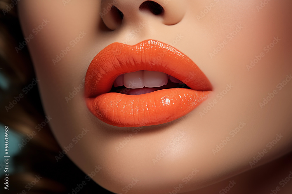 Close up view of beautiful plump female lips with peach fuzz lipstick Close up view of beautiful plump female lips with peach fuzz lipstick