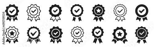 Approval check big icon set. Verified, certified, medal, correct mark, award ribbon, badge, quality certify sign - stock vector photo