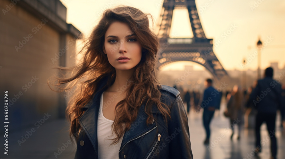 photograph of a beautiful girl, posing in front of the eiffel tower