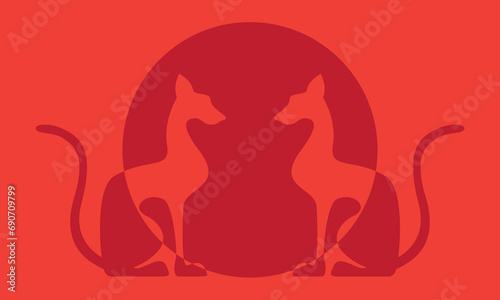 Two bright egyptian cats shape silhouette sitting. Colorful sun background. Vector illustration.