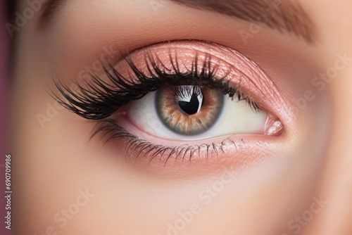 Slika na platnu Beautiful macro shot of female brown eye make up with peach fuzz eyeshadows