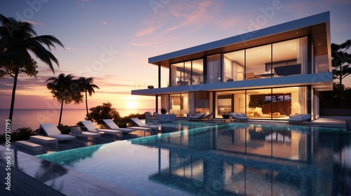 Luxurious modern villa facade with glass windows and infinity pool at sunset.