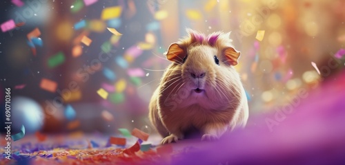 A radiant guinea pig popping confetti during a birthday party celebration. photo