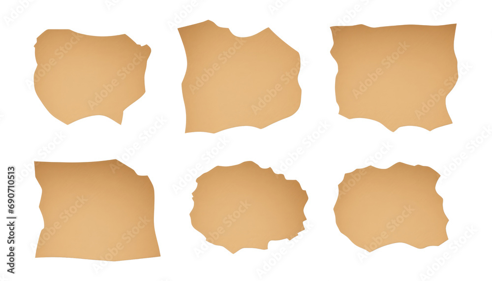 collection of old paper torn isolated on transparent background cutout