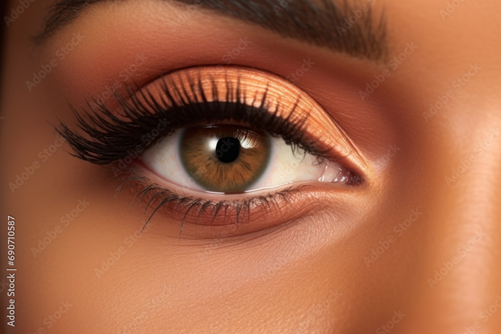 Obraz premium Beautiful macro shot of female African American brown eyes with peach fuzz eyeshadows