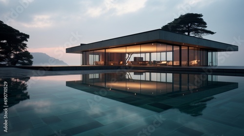 Misty morning view of a contemporary villa facade, where the glass windows create a mirror effect with the serene infinity pool waters. © rizwana