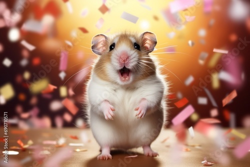 A radiant hamster surrounded by confetti, celebrating at a birthday party. Copy space on solid background.