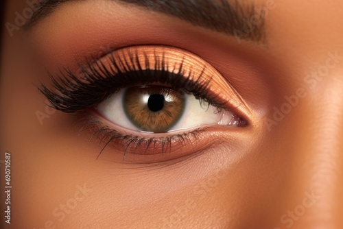 Beautiful macro shot of female African American brown eyes with peach fuzz eyeshadows