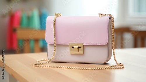 Modern minimalist lady bag in pastel tones with a gold chain strap, laid on a wooden table.