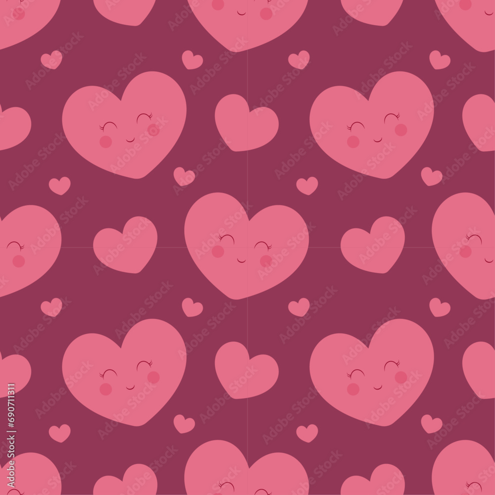 Cute vector pattern with kawaii hearts romantic. Can be used for Valentine's Day gift wrapping, for wedding decoration
