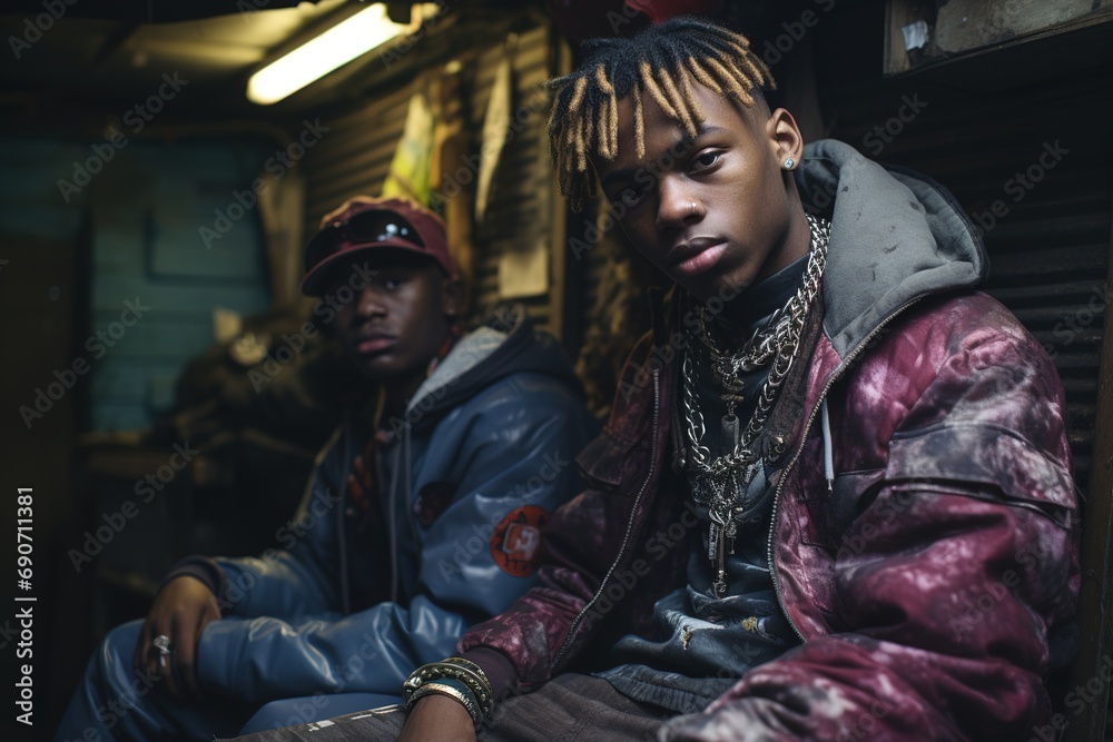 Obraz premium Young stylish african american teenagers sitting in a garage