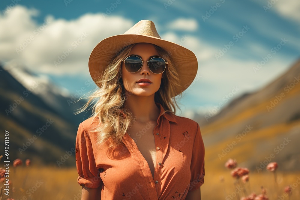 Young adorable woman traveler on a yellow meadow in a mountain valley Young adorable woman traveler on a yellow meadow in a mountain valley