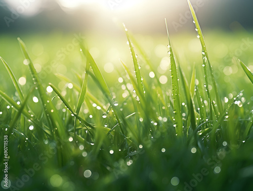 close up of green grass with dew and morning sun with copy space