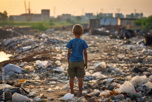 Little boy standing on a piles of garbage at a city dump looking to a blurred city background.