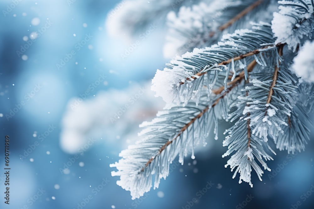 Close up of a fir tree branches covered with snow in winter forest