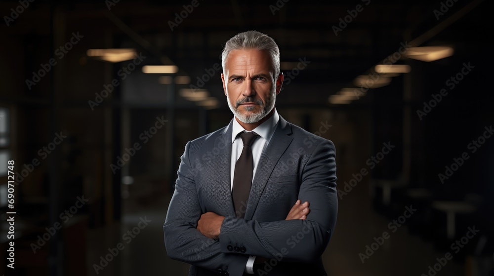 serious middle-aged man with folded arms and a deadpan expression, exuding confidence. Perfect for business and executive-themed designs with ample copy space.