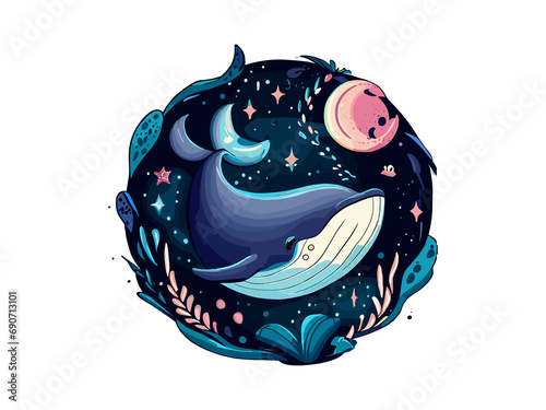 Watercolor Blue Whale with Underwater Seascape Vector Illustration Clipart