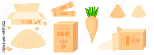 Set of Sugar beet isolated on white background. Bio sugar cartoon vector illustration. Granulated sugar.