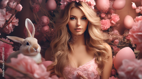 Beautiful young woman with Easter eggs and bunny. Spring holidays.