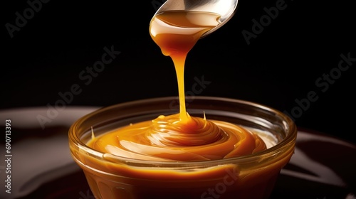 drip of caramel in a spoon on a white background