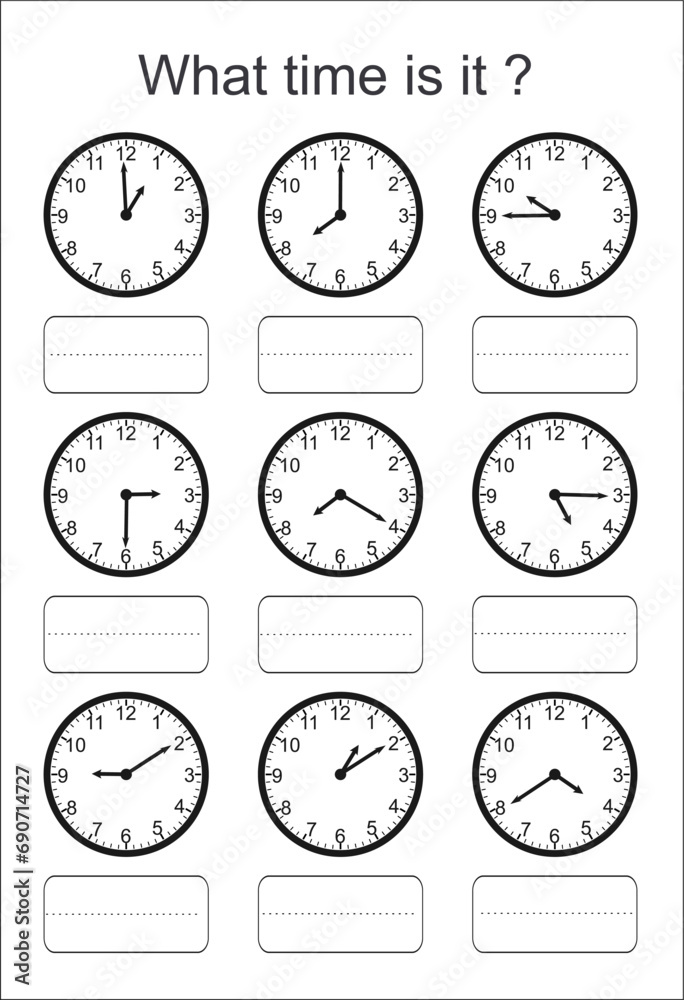 What time is it? worksheet with illustrations of clocks, hands, and